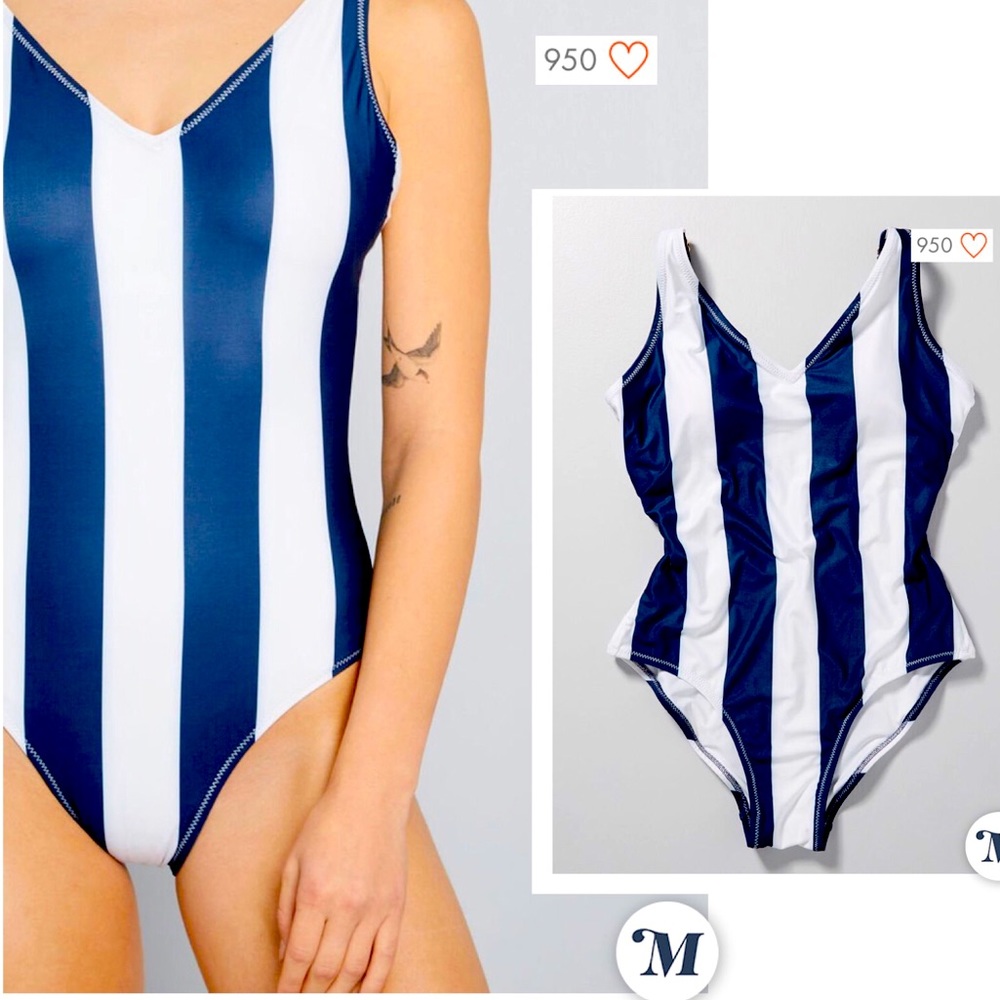 Vintage Nautical Striped Blue and White One-Piece Swimsuit